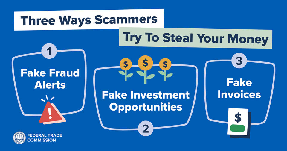 Three Ways Scammers Try to Steal Your Money 1.	Fake Fraud Alerts 2.	Fake Investment Opportunities 3.	Fake Invoices