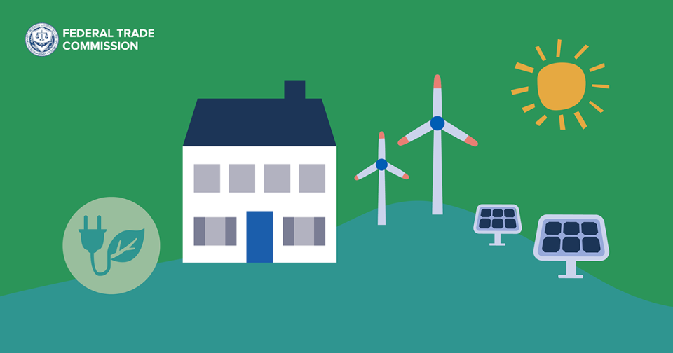 image of house, electric plug, sun, solar panels and wind turbines